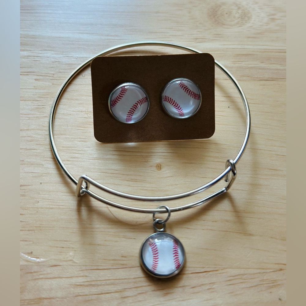 Baseball Charm Bracelet and Earring Set - Silver